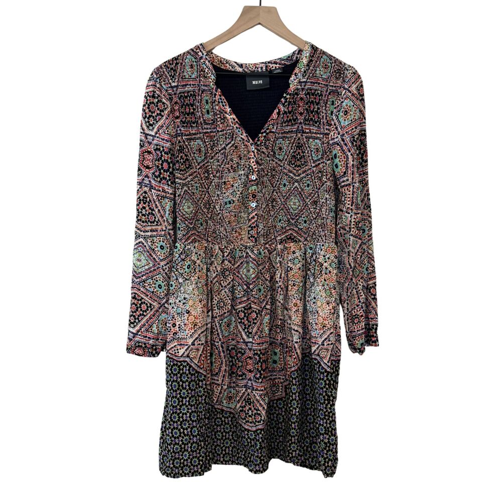 Anthropologie Maeve Tiled Amethyst Boho Print Long Sleeve Smocked Dress Size L